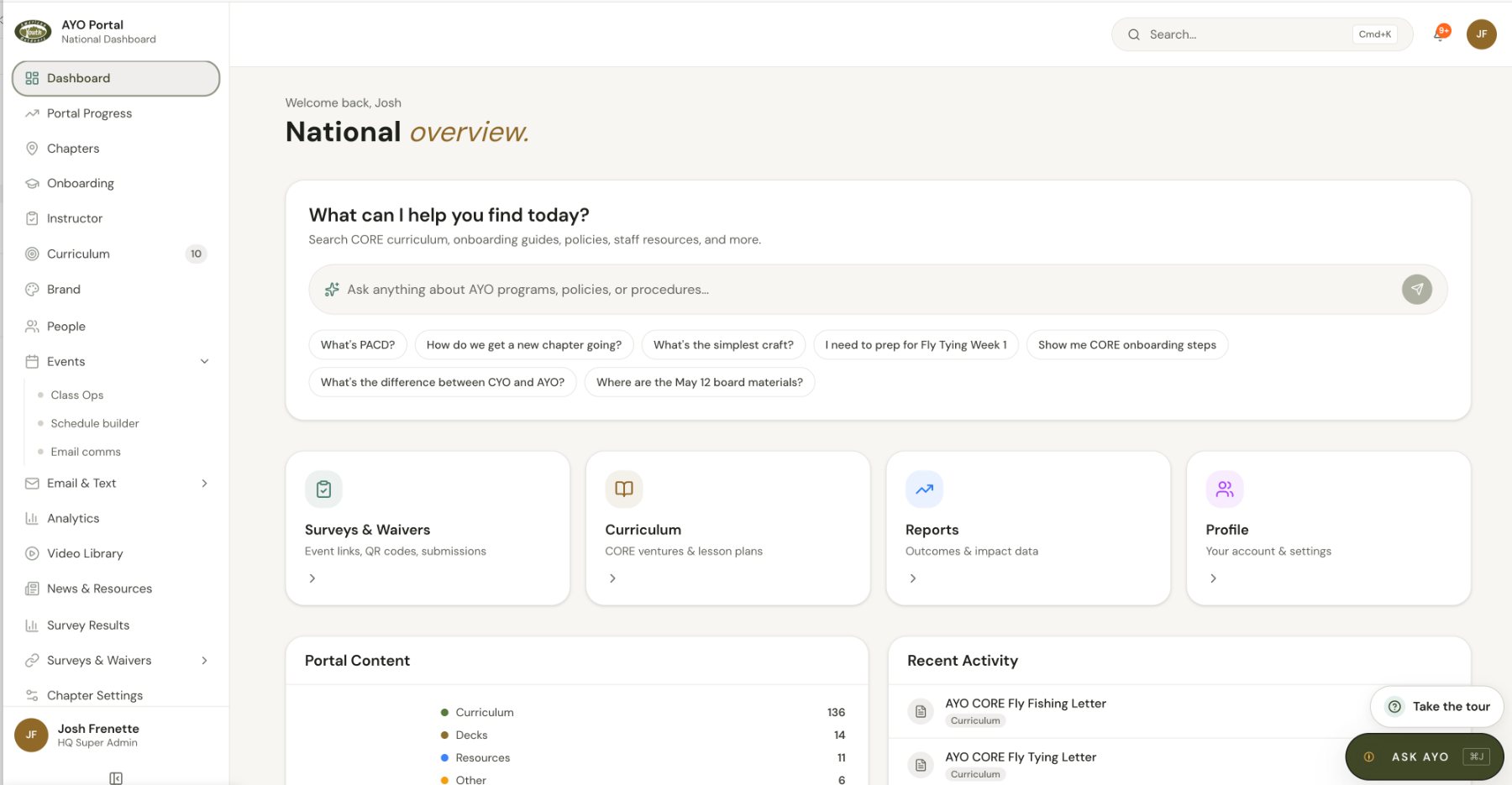 The AYO Portal national dashboard: an ask-anything search over curriculum and policy, with portal content and recent activity below.