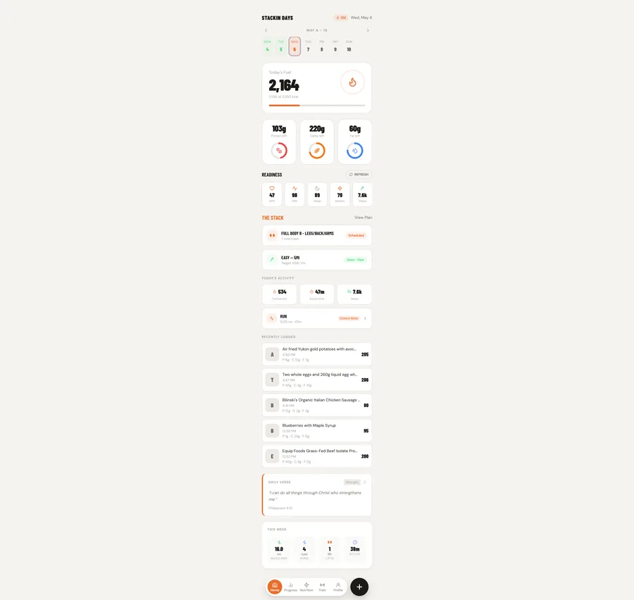 Stackin Days dashboard screen